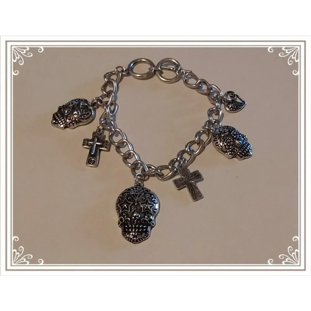 Super Cute & Trendy Silver Sugar Skull~Cross~Heart Charm Bracelet